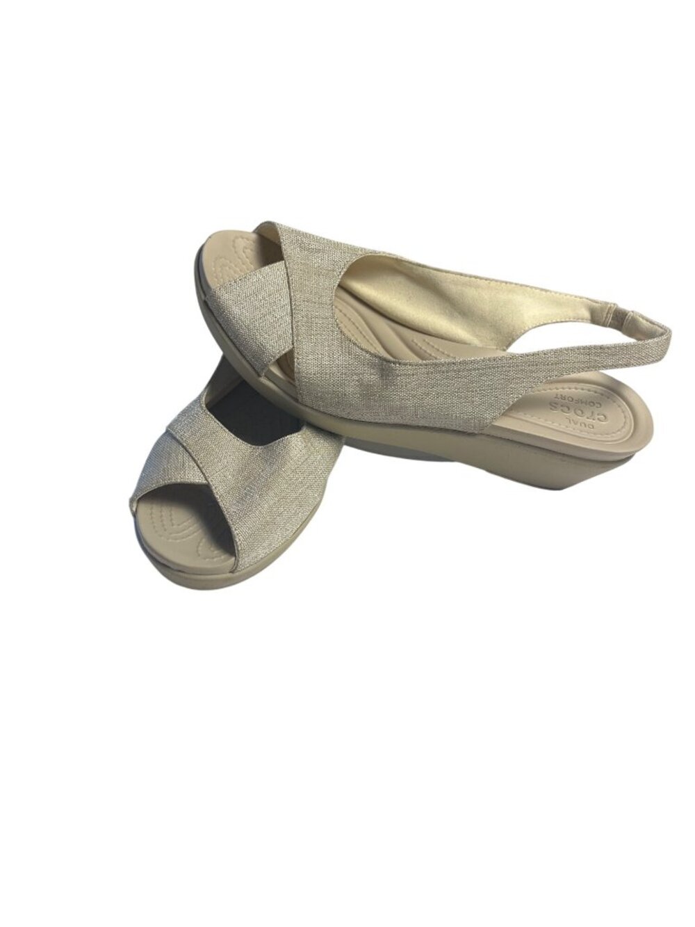 Crocs Beige Metallic Canvas Leigh-Ann Wedge Sandals 11 Dual Comfort Slingback